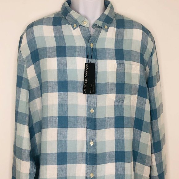 NWT Banana Republic 100% Linen Plaid Shirt Men's